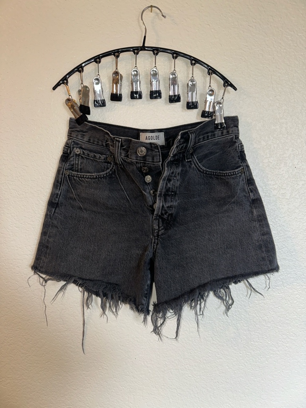 Agolde‎ Washed Black High-Rise Frayed Hem Denim Shorts 90s